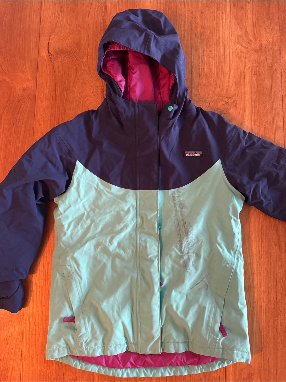 Patagonia Kids Navy and Aqua Snow Jacket with Pink Lining